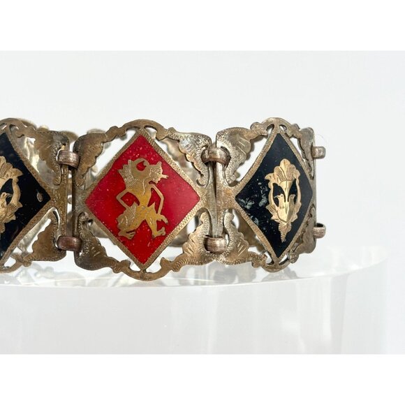 Silver Toned Multicolored Paneled Family Crest Sterling Silver Vintage Bracelet - Picture 3 of 10
